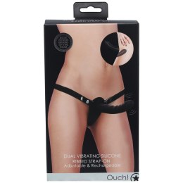 Ouch! - Dual Vibrating - Rechargeable - 10 Speed Silicone Ribbed Strap-On - Adjustable - Black