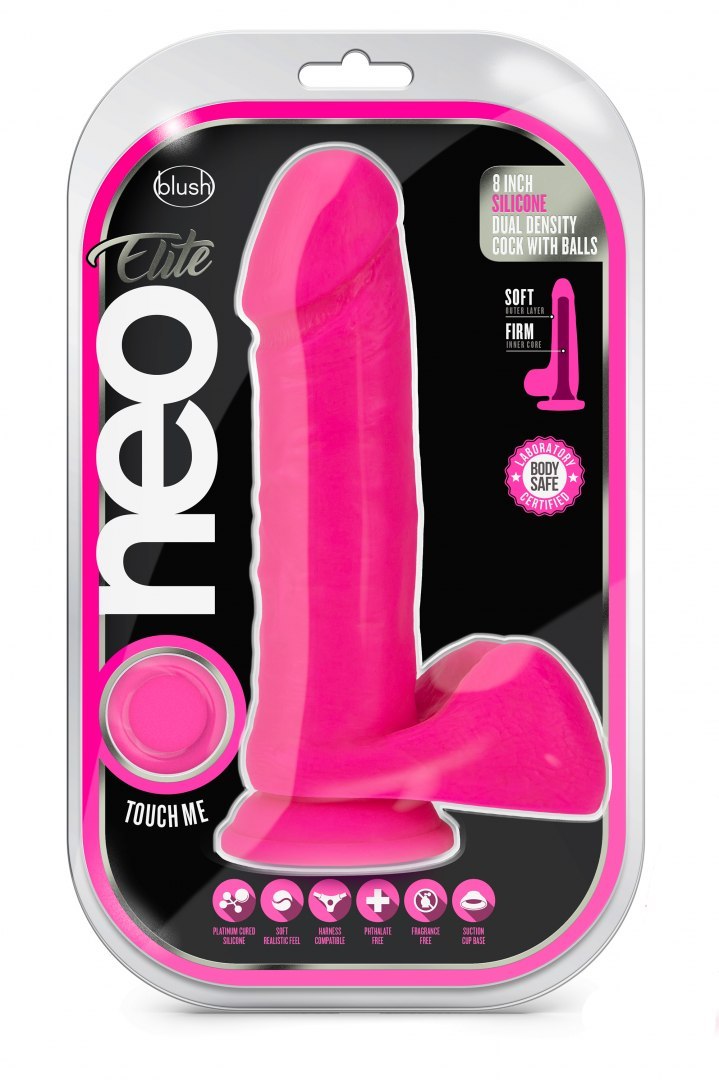NEO ELITE - 8 INCH SILICONE DUAL DENSITY COCK WITH BALLS - NEON PINK
